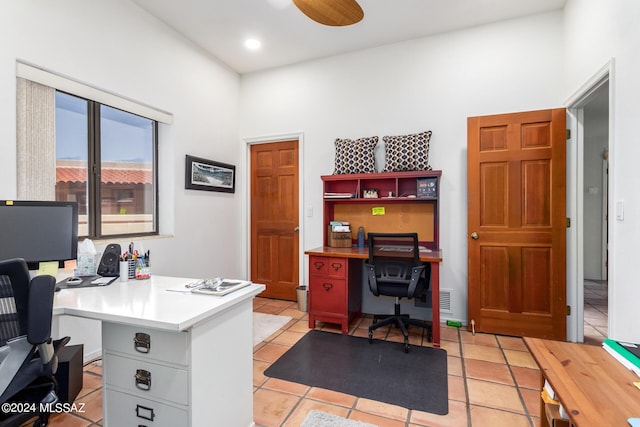 office space with recessed lighting, ceiling fan, and light tile patterned flooring