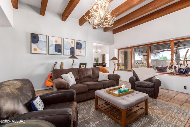 living room featuring beam ceiling, a notable chandelier, and tile patterned floors