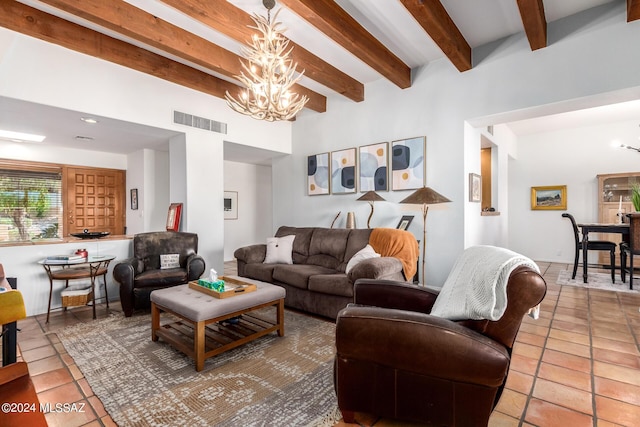 living room featuring tile patterned flooring, visible vents, a chandelier, and beam ceiling