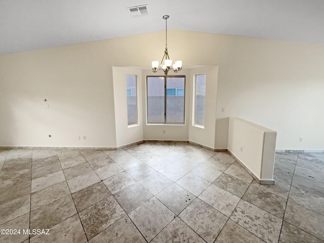 tiled spare room featuring vaulted ceiling, a chandelier, visible vents, and baseboards