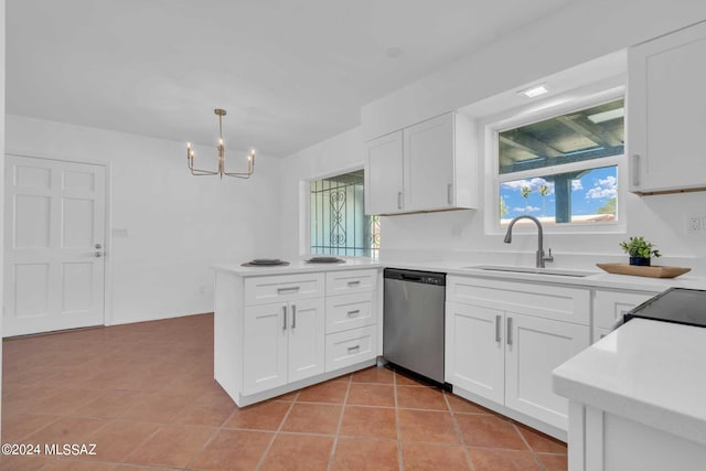 kitchen with light countertops, a peninsula, stainless steel dishwasher, white cabinetry, and a sink