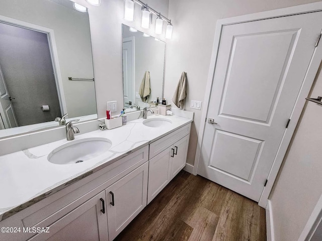 full bathroom with double vanity, wood finished floors, and a sink