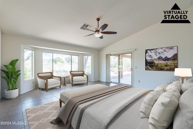 bedroom with light tile patterned floors, a ceiling fan, visible vents, access to exterior, and vaulted ceiling