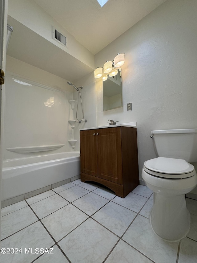 full bathroom featuring vanity, visible vents, tile patterned flooring, shower / bath combination, and toilet