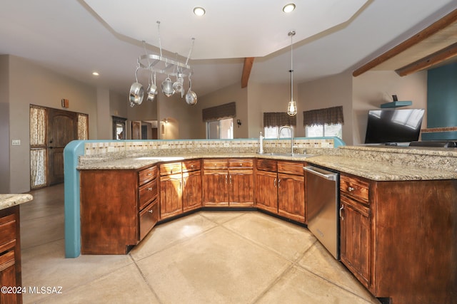 kitchen featuring pendant lighting, sink, light stone countertops, and beam ceiling