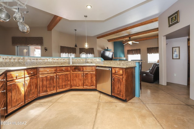 kitchen with beam ceiling, stainless steel dishwasher, sink, ceiling fan, and light stone counters