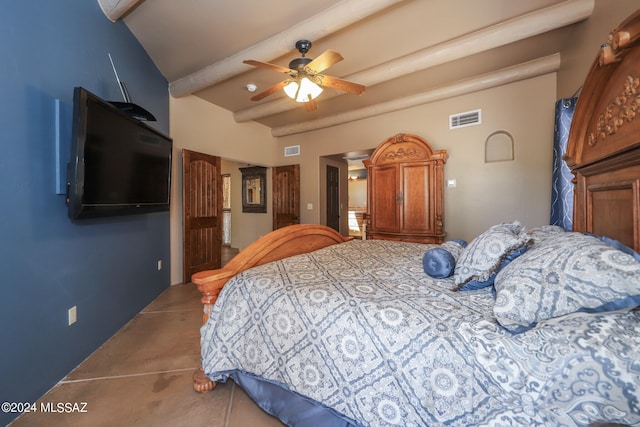 bedroom with ceiling fan and lofted ceiling with beams