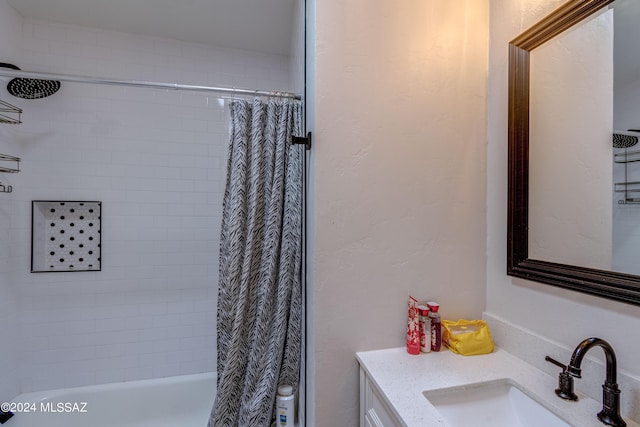 full bath featuring shower / bathtub combination with curtain and vanity