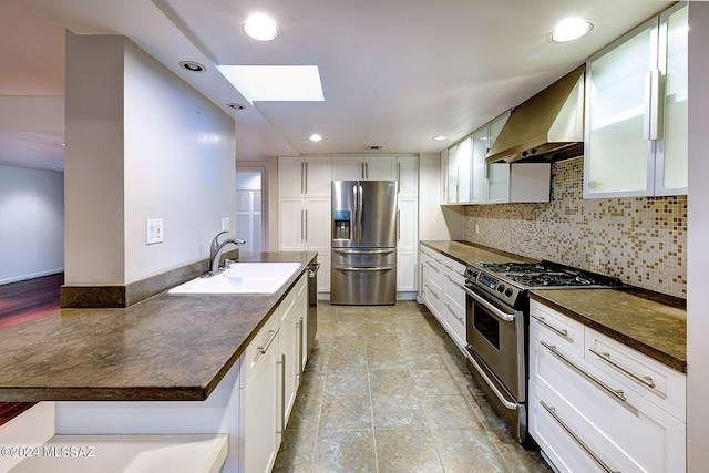 kitchen with backsplash, stainless steel appliances, sink, ventilation hood, and white cabinetry