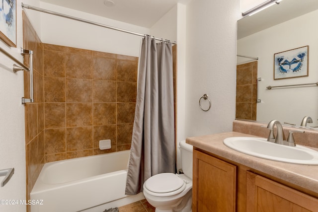 full bathroom with vanity, toilet, shower / tub combo, and tile patterned floors