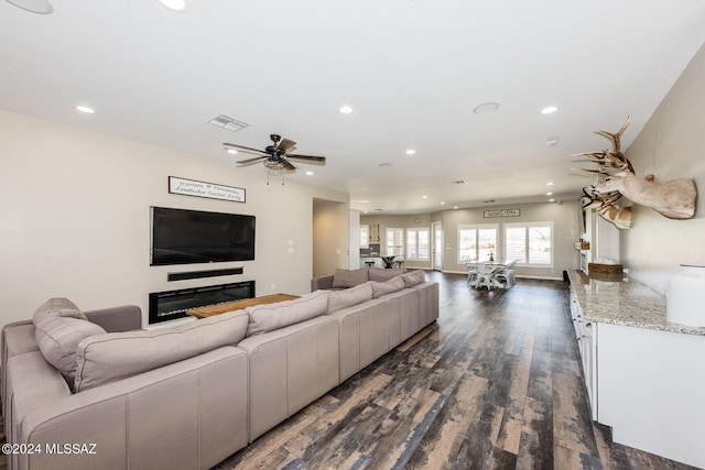 living room featuring ceiling fan and dark hardwood / wood-style flooring