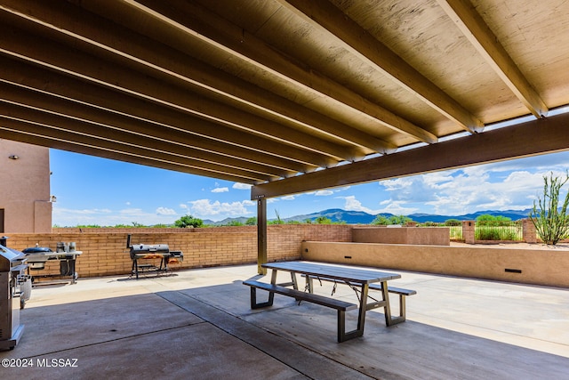 view of patio featuring a mountain view