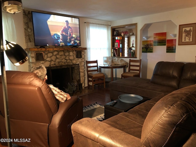 living room featuring wood-type flooring and a fireplace