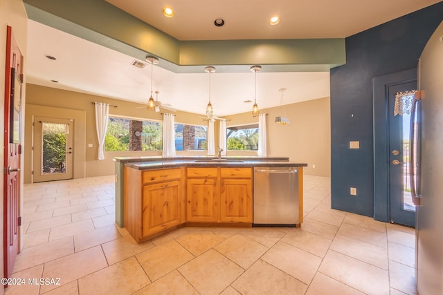 kitchen with light tile patterned flooring, pendant lighting, a center island, stainless steel dishwasher, and sink