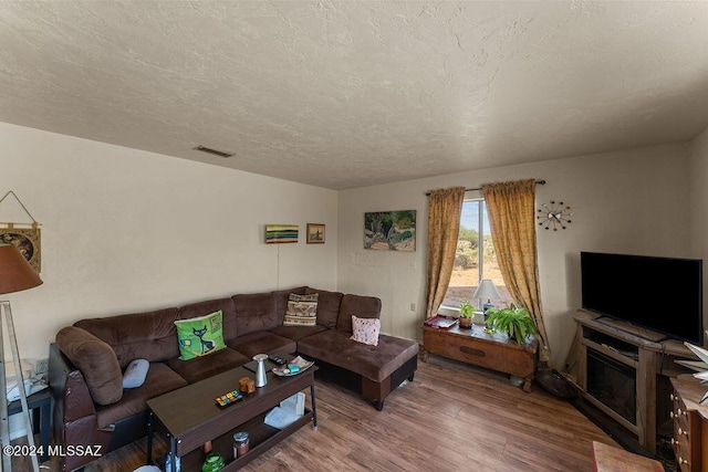 living room featuring hardwood / wood-style floors and a textured ceiling