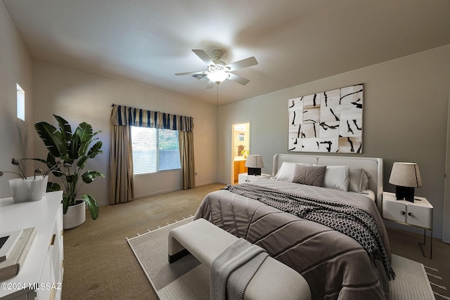 bedroom featuring carpet, a ceiling fan, and baseboards