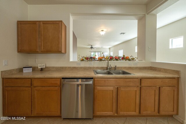 kitchen with dishwasher, sink, kitchen peninsula, light tile patterned flooring, and ceiling fan