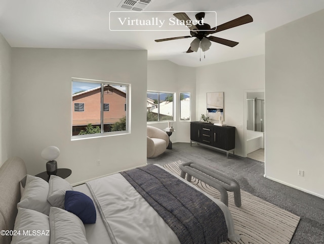 carpeted bedroom featuring lofted ceiling, baseboards, visible vents, and a ceiling fan