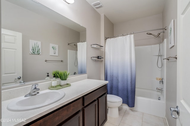 full bathroom with tile patterned flooring, vanity, toilet, and shower / bath combination with curtain