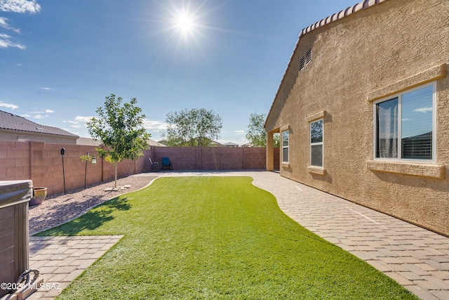 view of yard featuring a patio and a fenced backyard