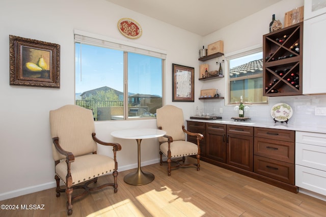 living area featuring a mountain view and light wood-type flooring