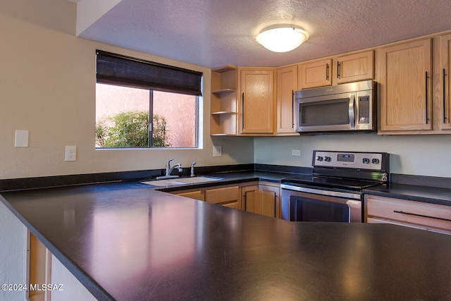 kitchen featuring light brown cabinets, sink, a textured ceiling, and appliances with stainless steel finishes