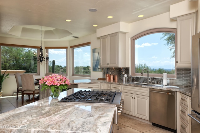 kitchen featuring a chandelier, hanging light fixtures, stainless steel dishwasher, plenty of natural light, and a tray ceiling