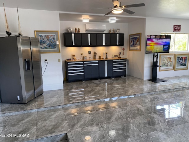 kitchen with ceiling fan, stainless steel fridge with ice dispenser, and a wall unit AC