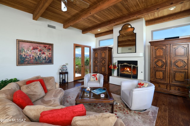 living room featuring wooden ceiling, dark hardwood / wood-style floors, beamed ceiling, and french doors