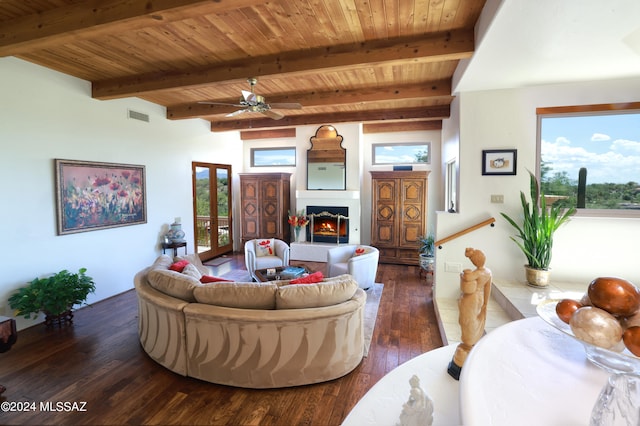 living room with beamed ceiling, dark hardwood / wood-style floors, and wood ceiling