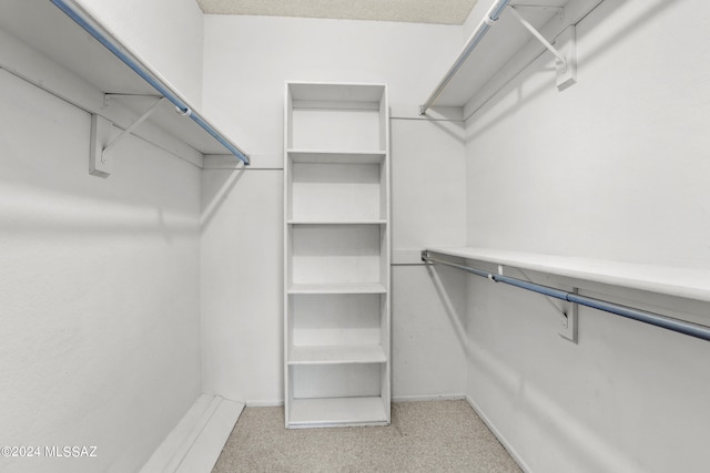 walk in closet featuring light carpet