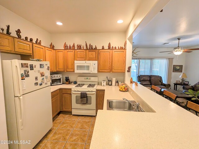 kitchen featuring white appliances, kitchen peninsula, sink, ceiling fan, and light tile patterned flooring