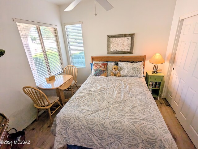 bedroom with ceiling fan, a closet, and wood-type flooring