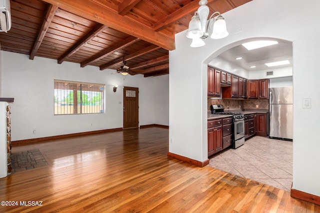 kitchen featuring stainless steel appliances, ceiling fan with notable chandelier, wood ceiling, and light hardwood / wood-style flooring