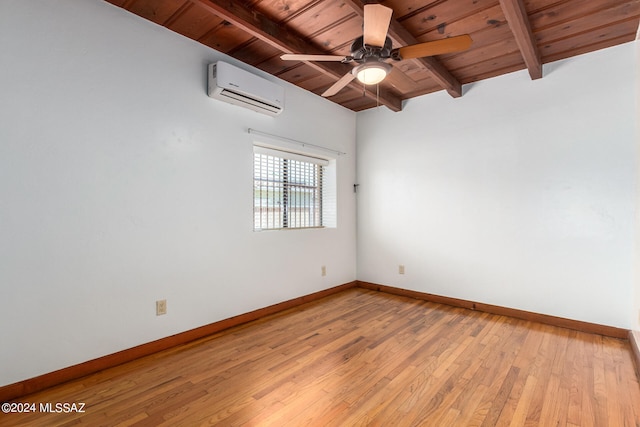 unfurnished room featuring wooden ceiling, ceiling fan, light wood-type flooring, vaulted ceiling with beams, and an AC wall unit