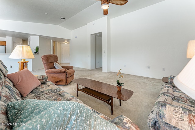 living room with vaulted ceiling, light carpet, and ceiling fan