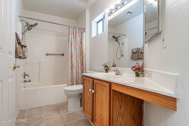 full bathroom with tile patterned flooring, vanity, toilet, and shower / tub combo with curtain