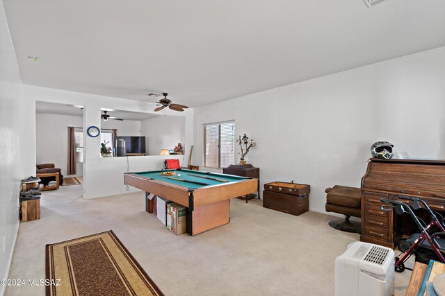 recreation room with ceiling fan, carpet floors, and billiards