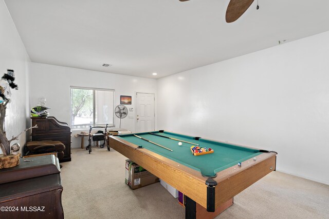 game room with billiards, carpet, and ceiling fan