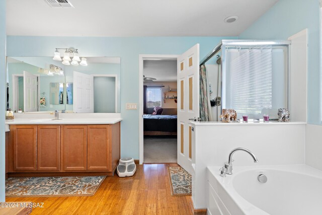 bathroom with separate shower and tub, hardwood / wood-style flooring, and vanity