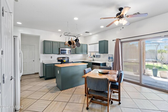 kitchen with a center island, ceiling fan, stainless steel appliances, and sink