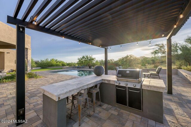 view of patio / terrace with exterior kitchen, a pergola, and an outdoor bar