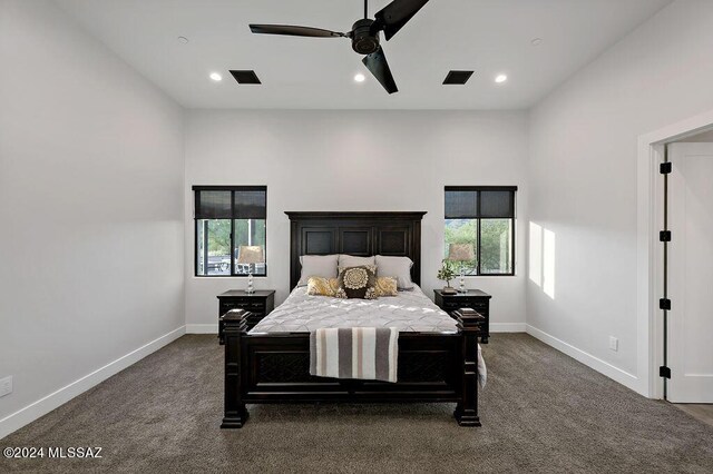 carpeted bedroom featuring ceiling fan