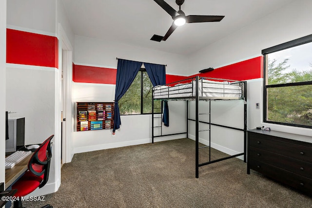 bedroom with ceiling fan and carpet floors