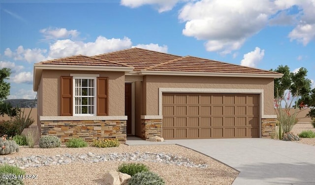 ranch-style house featuring driveway, stone siding, an attached garage, and stucco siding