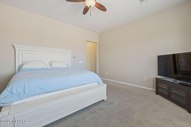 bedroom featuring baseboards, carpet, a ceiling fan, and visible vents