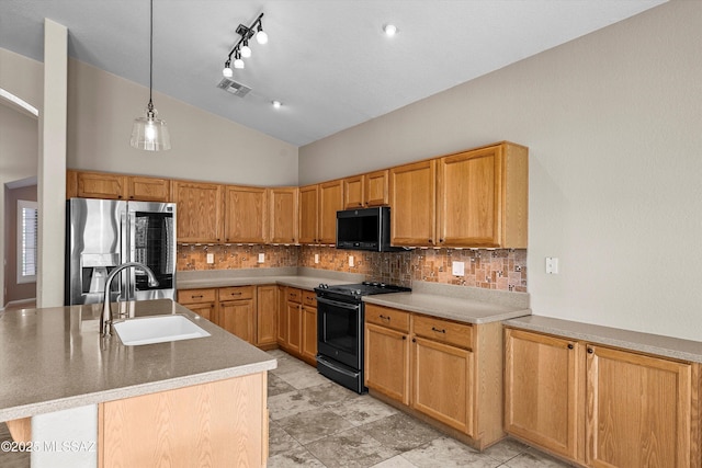 9797 E Holden Pl, Tucson, AZ 85748 - kitchen with black range with electric stovetop, stainless steel fridge, vaulted ceiling, tasteful backsplash, and hanging light fixtures