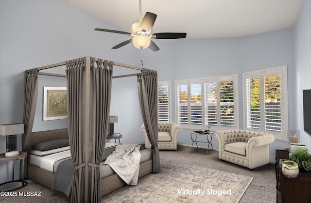 9797 E Holden Pl, Tucson, AZ 85748 - carpeted bedroom with high vaulted ceiling and a ceiling fan