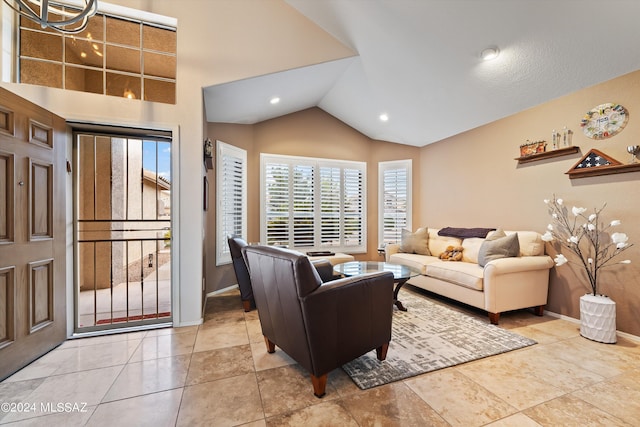 tiled living room with vaulted ceiling