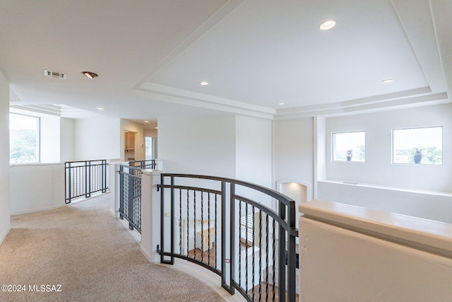 hall featuring a tray ceiling and light carpet